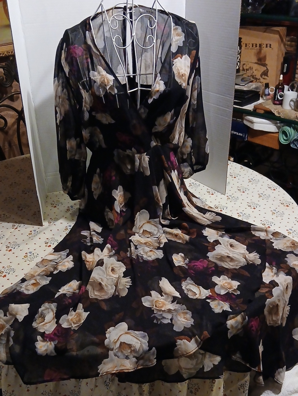 Calvin Klein Black Floral Long-Sleeve Wrap Dress